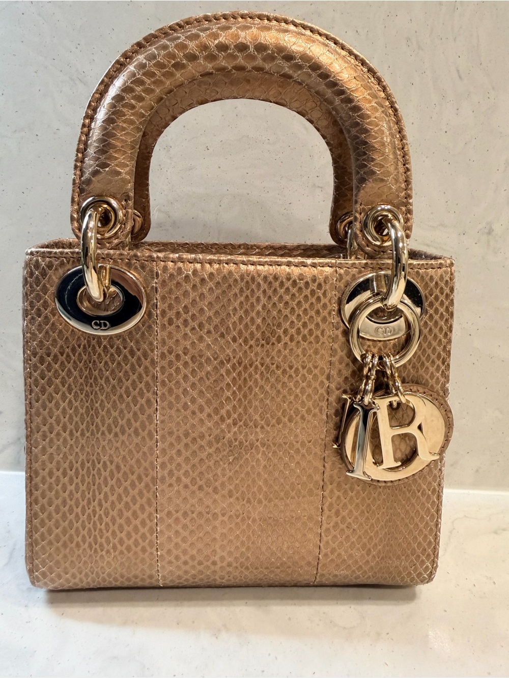 Dior Metallic Gold Python Lady Dior Top Handle Satchel - Picture 3 of 8